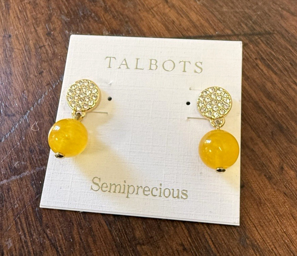 NWT Talbots Semiprecious Yellow Stone Rhinestone Drop Earrings Gold Tone